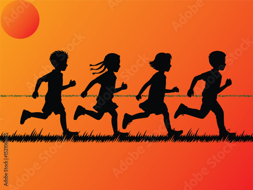 Silhouette of Children Running at Sunset, Active Kids Outdoors Illustration, silhouette of runners, silhouettes of running children, group of active kids playing