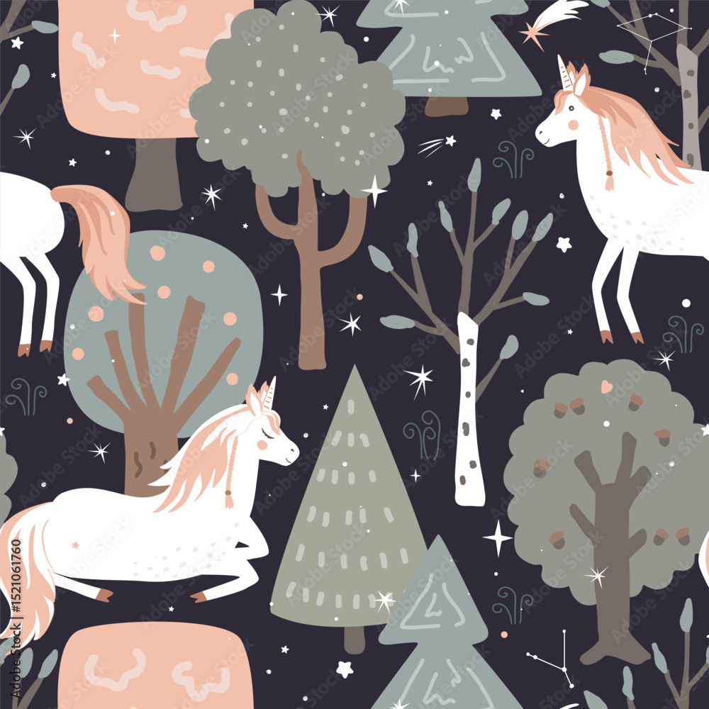 custom made wallpaper toronto digitalSeamless vector pattern with unicorns and magic forest. Vintage fairy background. Vector illustration