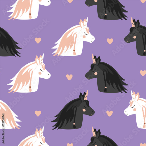 Cute white and black unicorn seamless pattern. Unicorn portrait cartoon background. Fairy horses vector illustration