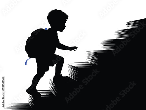 silhouette of a child climbing stairs towards success, symbolizing ambition and progress. Silhouette of children climbing staircase on white background