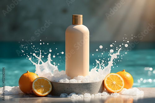 Natural skincare bottle surrounded by fresh oranges and splashes of water