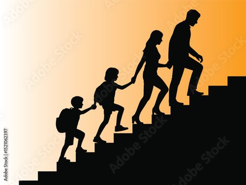 Silhouette of a family climbing stairs, supporting growth and education concept. family on the stairs. Silhouette of father and mother walking up stairs with their children
