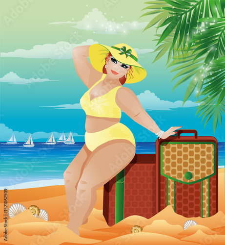 Plus size XXL  woman on summer beach,  vector illustration