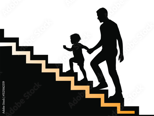 silhouettes of father with his son, father's day concept, people on stairs