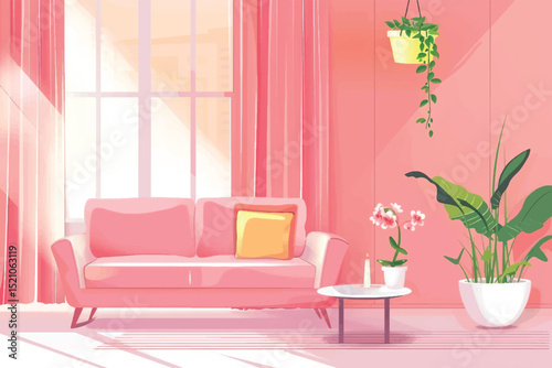 Living Room Interior Landscape Illustration with Sofa Couch and Plant on Pink Wall Background.