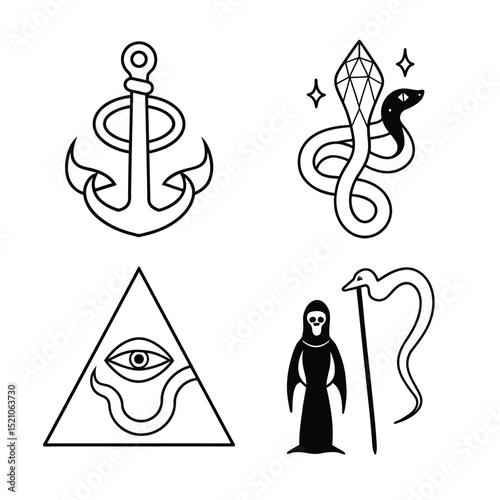 Mystical Tattoo Designs: Anchor, Serpent, Eye, Grim Reaper
