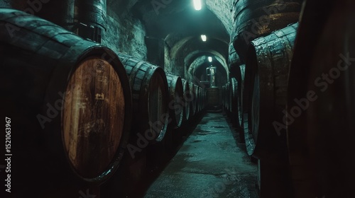 Whisky Distillery. Old Vintage Bourbon Barrels Filled with Whiskey, Lined up in Perfect Order photo