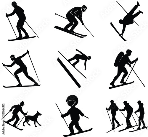 Extreme Hikers Silhouette Set – Adventure Hiking Vector Clipart Featuring Rugged Terrain, Mountain Climbers, Outdoor Exploration, Backpackers, and Bold Trekking Poses
