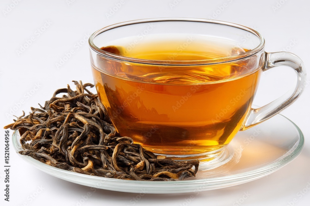 Warm cup of herbal tea with loose leaves on a glass plate ready to be enjoyed Warm cup of herbal tea with loose leaves on a glass plate ready to be enjoyed