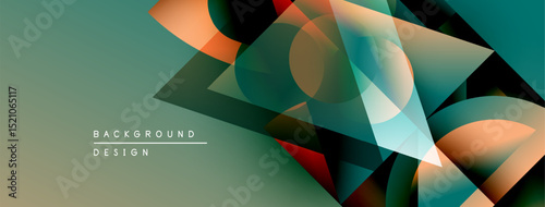 Abstract geometric shapes overlap, creating dynamic visual effect. Colors blend, forming modern background design. Smooth gradients enhance depth.