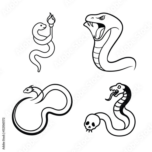 A collection of four unique snake illustrations, each with distinct characteristics and styles.