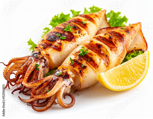 Grilled Squid Isolated on White Background – Tasty Fresh Seafood Close Up for Culinary Use