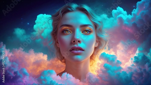 A mesmerizing portrait of a woman with golden eyes, emerging from vibrant, dreamlike clouds, evoking fantasy, beauty, and ethereal concepts