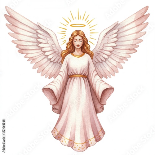 A watercolor illustration shows serene angel with large white wings and golden halo, wearing flowing gown gold detailing, against white background.