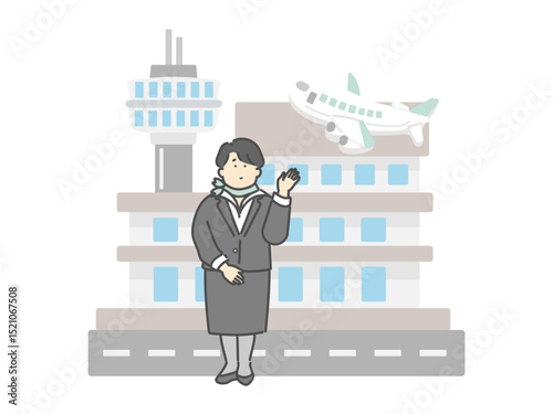客室乗務員の女性  空港 飛行機 建物 イラスト