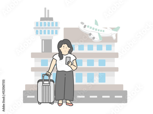 旅行中の若い女性  空港 飛行機 建物 イラスト