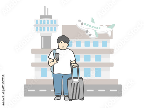 旅行中の若い男性  空港 飛行機 建物 イラスト