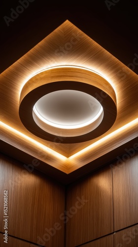 Wallpaper Mural LED downlight with circular trim highlights a wooden ceiling, creating warm-toned lighting for a modern interior ambiance. Torontodigital.ca