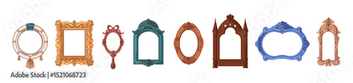Set of various vintage mirrors. Ornate gold borders for paintings, photos with different shapes. Empty ornamented antique forms for pictures. Flat isolated vector illustrations on white background