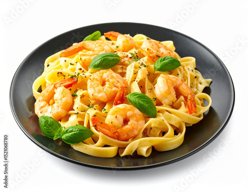 Shrimp Pasta Isolated on White Background – Delicious Seafood Dish Close Up for Culinary Use