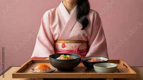 Smiling Woman Holding Japanese Meal Set in Pink Outfit