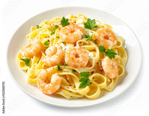 Shrimp Pasta Isolated on White Background – Delicious Seafood Dish Close Up for Culinary Use