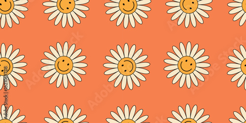 Seamless doodle floral design with smiley face characters. White daisies with smiles on orange background. Kids-themed and fun retro mood for creative use: prints, packaging, social media, stationery