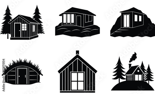 Sauna Hut Silhouette Set – Traditional Steam Cabin Vector Clipart Featuring Nordic Bathhouse Designs, Rustic Architecture, and Outdoor Wellness Retreat Elements


