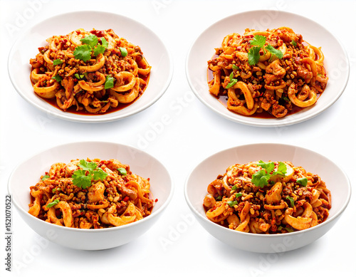 Spicy Squid Seafood Dish Isolated on White Background – Close Up Fresh Asian Cuisine