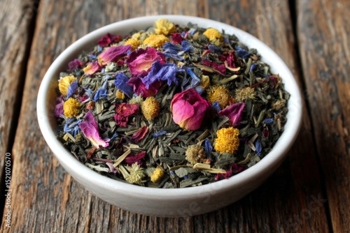 Herbal blend with dried flowers and leaves in a rustic bowl on wooden surface