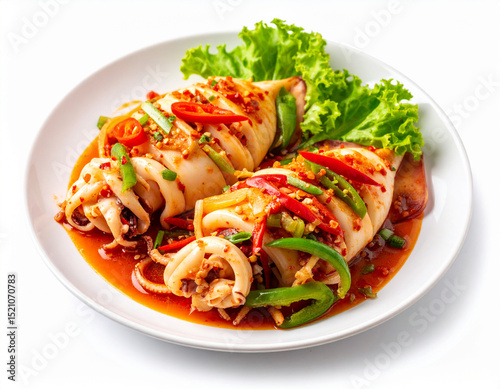 Spicy Squid Seafood Dish Isolated on White Background – Close Up Fresh Asian Cuisine
