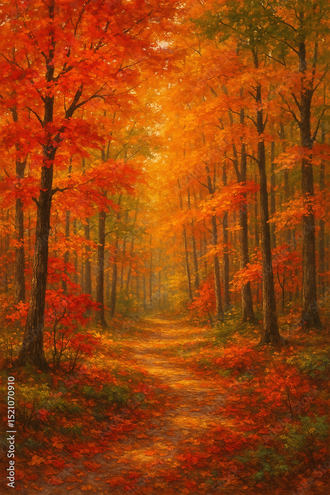 Obraz premium Path through Vibrant Autumn Forest with Warm Glowing Foliage