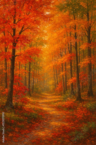 Path through Vibrant Autumn Forest with Warm Glowing Foliage

