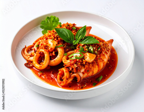 Spicy Squid Seafood Dish Isolated on White Background – Close Up Fresh Asian Cuisine