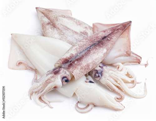 Fresh Squid Isolated on White Background, Seafood Close Up for Culinary and Commercial Use