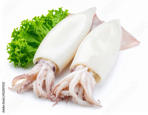 Fresh Squid Isolated on White Background, Seafood Close Up for Culinary and Commercial Use