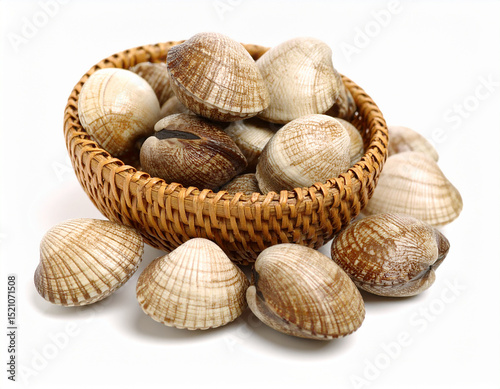 Steamed Clams Isolated on White Background, Fresh Seafood Close Up for Culinary Use