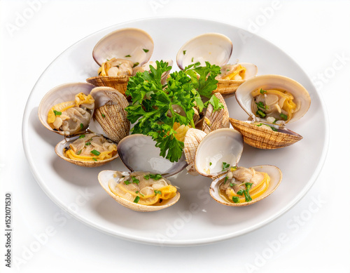 Steamed Clams Isolated on White Background, Fresh Seafood Close Up for Culinary Use