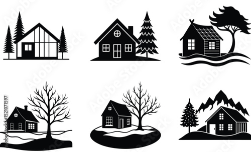 Scandinavian House near Frozen Lake Silhouette Set – Nordic Winter Vector Clipart Featuring Wooden Cabin, Ice Landscape, Minimal Forest Scene, and Traditional Architecture

