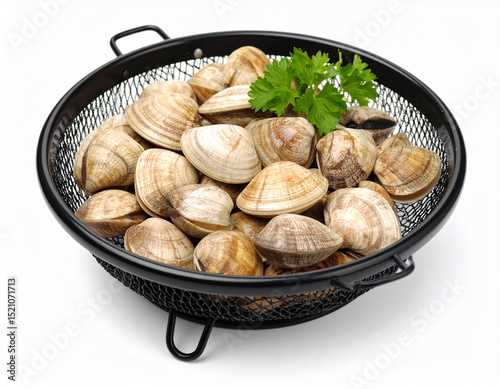 Steamed Clams Isolated on White Background, Fresh Seafood Close Up for Culinary Use