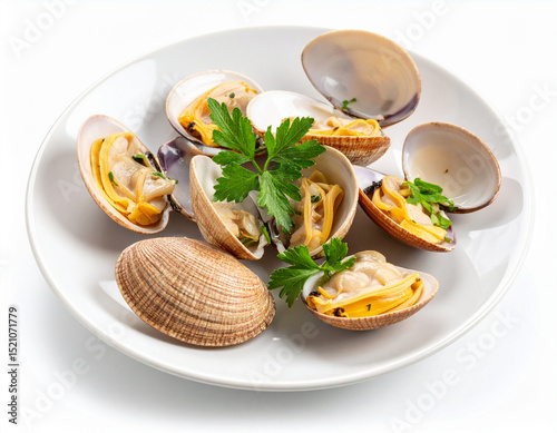 Steamed Clams Isolated on White Background, Fresh Seafood Close Up for Culinary Use