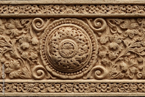Intricate stone carving featuring floral patterns and circular designs at a historical site in India during midday