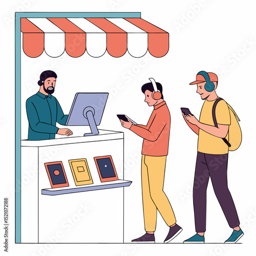 People in electronics store. Men near headphones and tablets, smartphones. Supermarket with gadgets and devices. Seller with buyer. Flat vector illustration isolated on white .