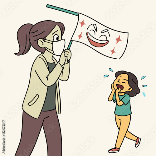 Woman hiding behind social mask. Moving banner with unhappy girl putting on mask of happiness and joy and hiding real emotions. Social norms and pressure. Cartoon flat animated .