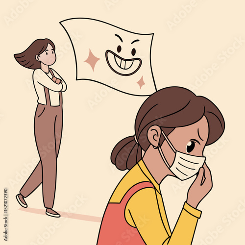 Woman hiding behind social mask. Moving banner with unhappy girl putting on mask of happiness and joy and hiding real emotions. Social norms and pressure. Cartoon flat animated .