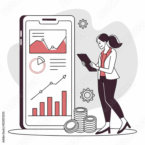 Female analyst with clipboard standing beside large smartphone screen showing financial charts, graphs, and coins on abstract background. Concept of mobile finance. Vector .