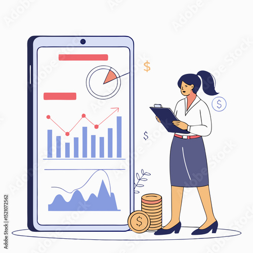 Female analyst with clipboard standing beside large smartphone screen showing financial charts, graphs, and coins on abstract background. Concept of mobile finance. Vector .
