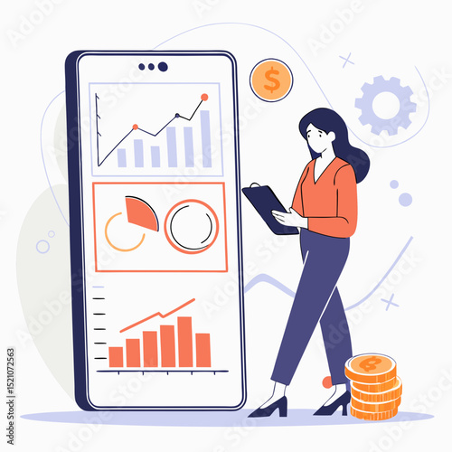Female analyst with clipboard standing beside large smartphone screen showing financial charts, graphs, and coins on abstract background. Concept of mobile finance. Vector .