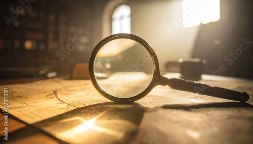 Golden magnifying glass resting on a vintage map, bathed in soft light. A concept for discovery, exploration, research, history. Evokes curiosity, adventure.