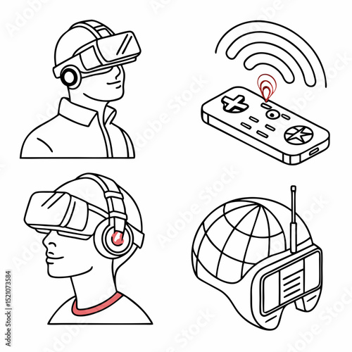 Metaverse line icon set. Minimalistic stickers with virtual reality, modern technologies and innovative gadgets. Futuristic world. Cartoon flat vector .